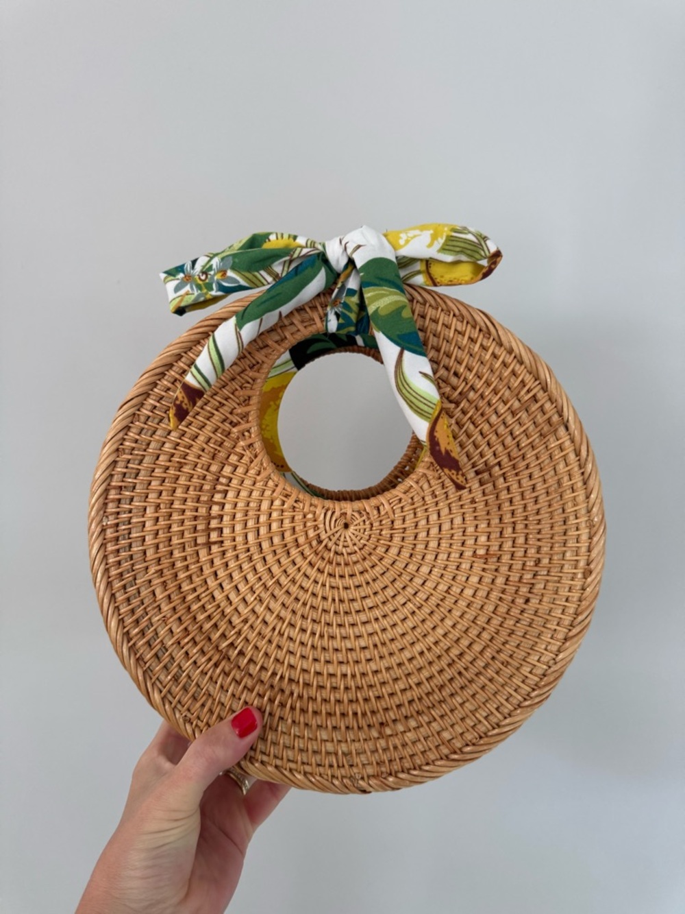 Round Woven Rattan Handbag with Tropical Scarf Accent